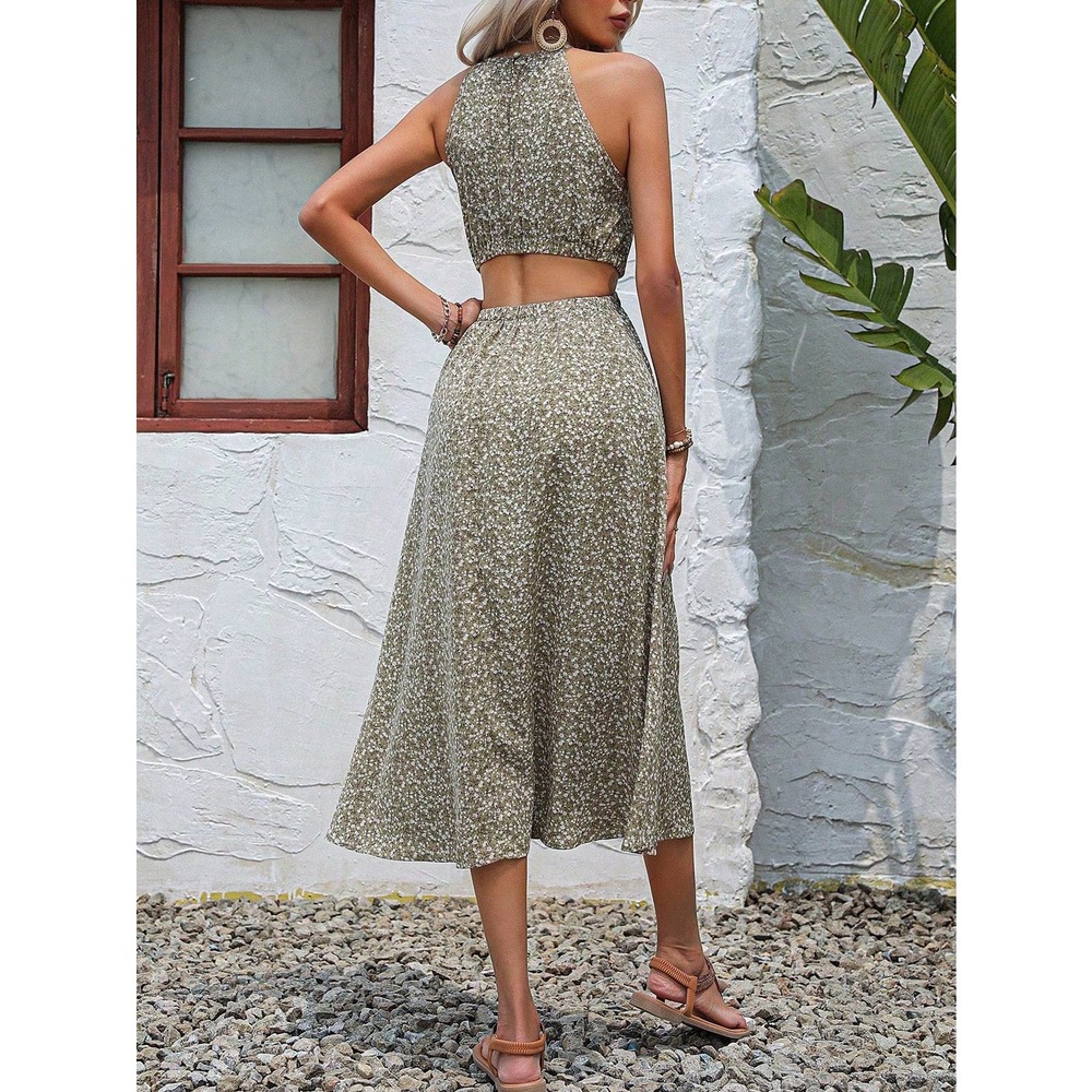 boho Floral Print Cut Out Waist Halter midi Dress - Picture 6 of 9